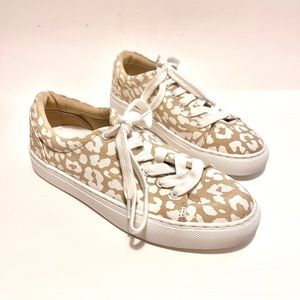J Crew Factory Road Trip Tan & White Animal Print Canvas Lace Up Sneakers size 6